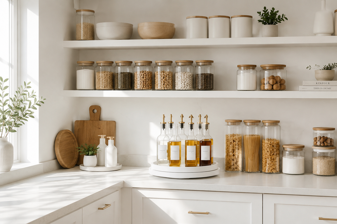 A clean, minimalist small kitchen with organized shelves, matching canisters, and a calm Scandinavian aesthetic